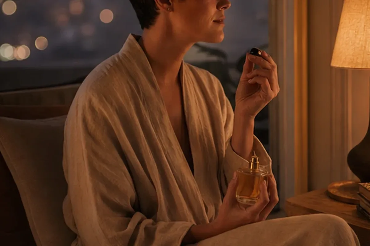 Authentischer Wohlfühlmoment passend zum Beauty-Thema Unisex-Parfum bei warmem Wetter