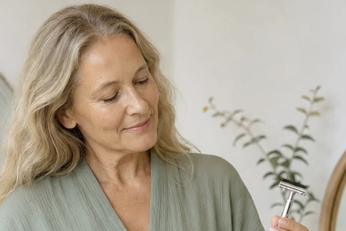 Authentischer Wohlfühlmoment passend zum Beauty-Thema Body-Trimmer für eine schnelle Anwendung