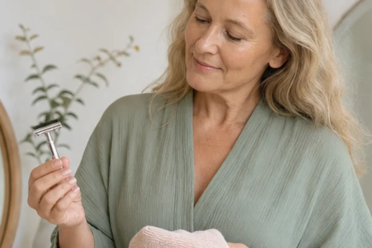 Authentischer Wohlfühlmoment passend zum Beauty-Thema Peeling vor der Rasur für empfindliche Haut