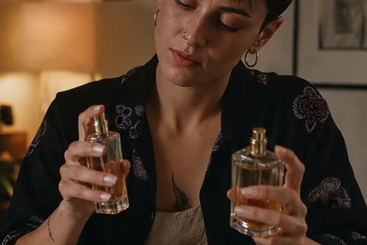 Emotionaler und authentischer Anwendungsmoment rund um Unisex-Parfum bei kaltem Wetter
