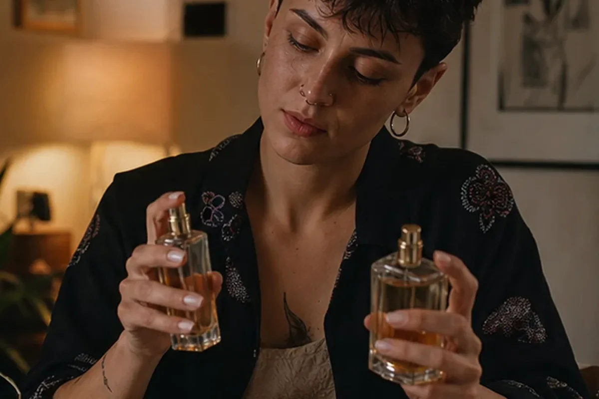 Emotionaler und authentischer Anwendungsmoment rund um Unisex-Parfum bei warmem Wetter