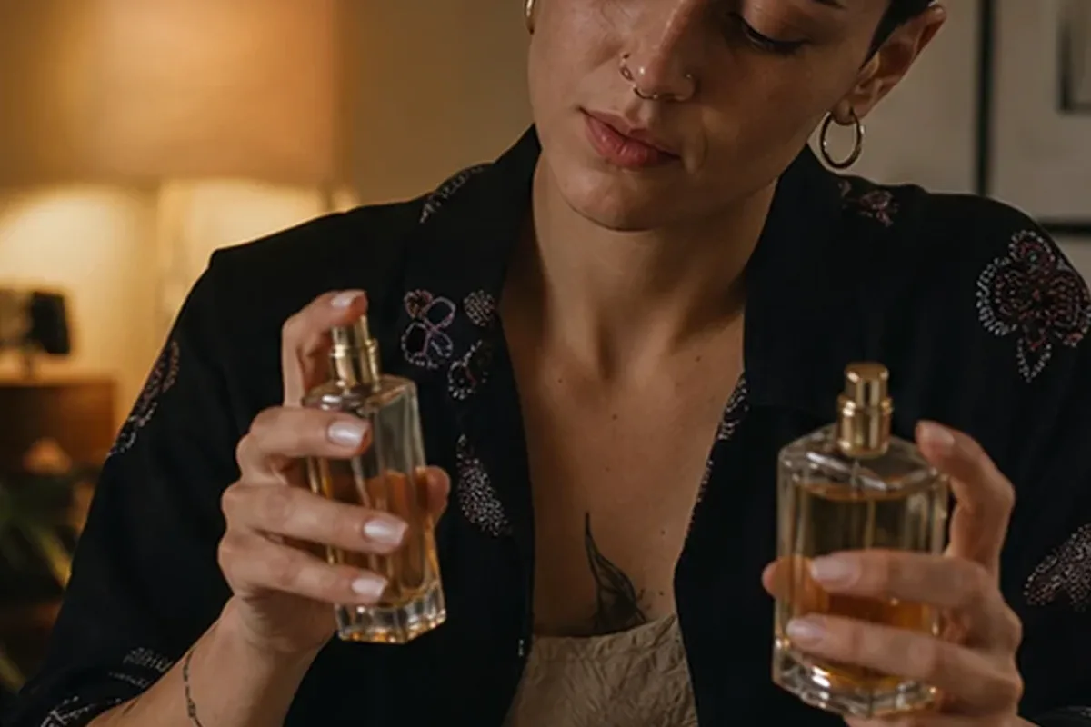 Emotionaler und authentischer Anwendungsmoment rund um Winterparfum bei kaltem Wetter