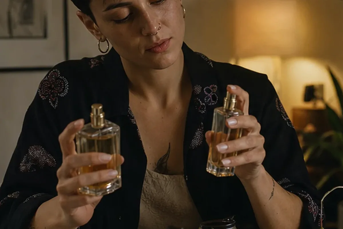 Emotionaler und authentischer Anwendungsmoment rund um Winterparfum für einen minimalistischen Stil