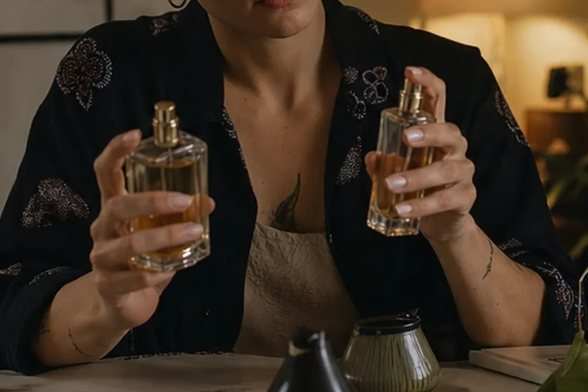 Emotionaler und authentischer Anwendungsmoment rund um Winterparfum bei warmem Wetter