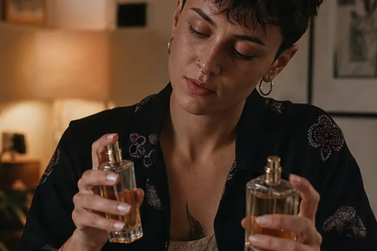 Emotionaler und authentischer Anwendungsmoment rund um Unisex-Parfum bei kaltem Wetter