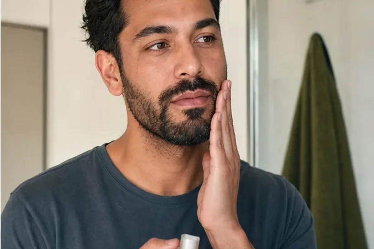 Emotionaler und authentischer Anwendungsmoment rund um Bartshampoo für fettige Haut