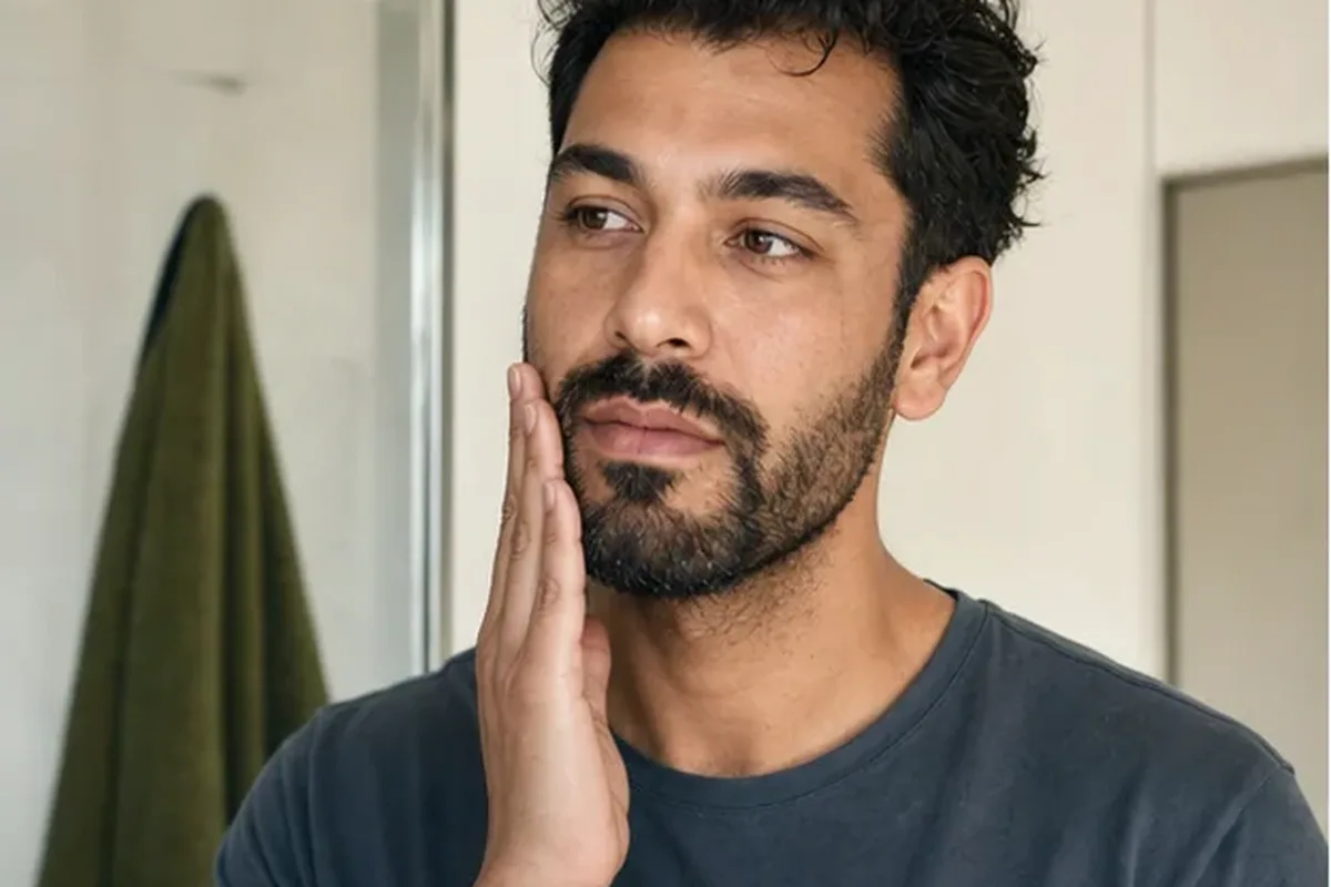 Emotionaler und authentischer Anwendungsmoment rund um Bartshampoo für empfindliche Haut