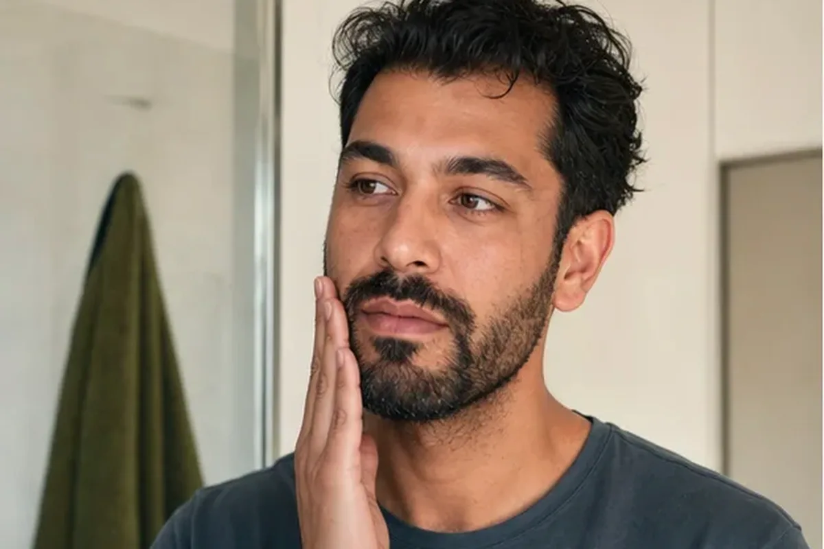 Emotionaler und authentischer Anwendungsmoment rund um Bartshampoo für fettige Haut