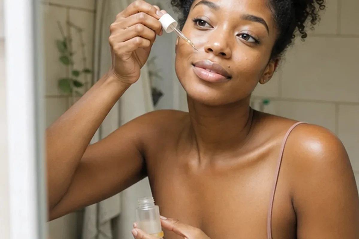 Authentischer Wohlfühlmoment passend zum Beauty-Thema Vitamin-C-Serum bei ersten Fältchen