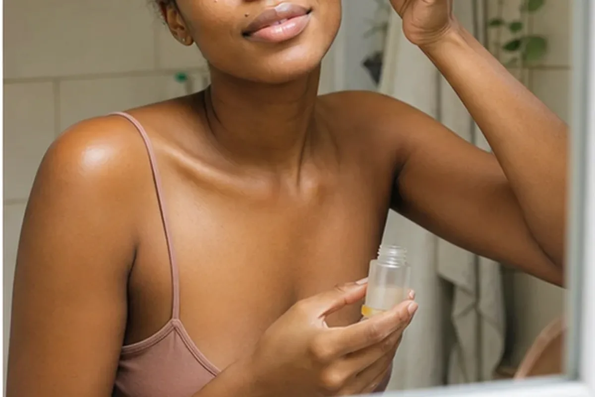 Authentischer Wohlfühlmoment passend zum Beauty-Thema Retinol-Serum bei ersten Fältchen
