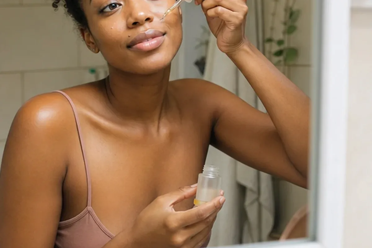 Authentischer Wohlfühlmoment passend zum Beauty-Thema Hyaluron-Serum bei ersten Fältchen