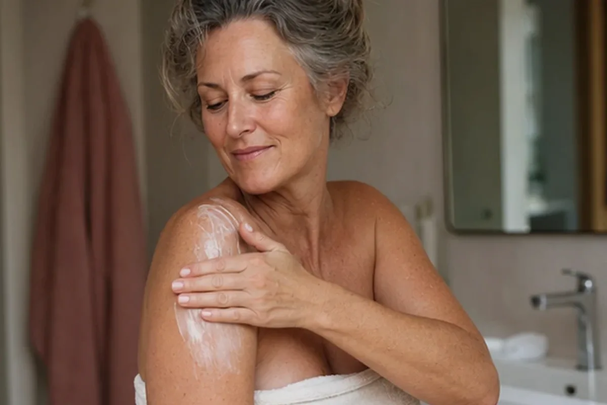Authentischer Wohlfühlmoment passend zum Beauty-Thema Körperlotion für trockene Haut