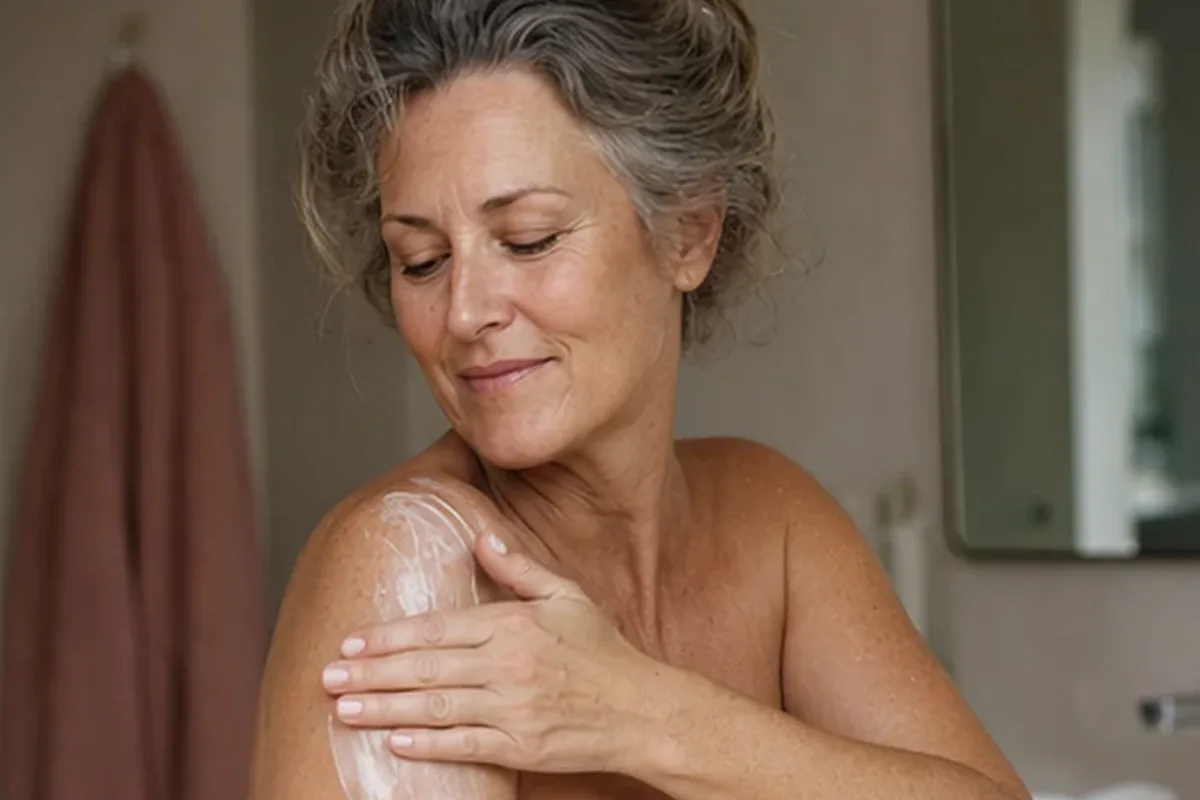 Authentischer Wohlfühlmoment passend zum Beauty-Thema Körperlotion bei starkem Schwitzen