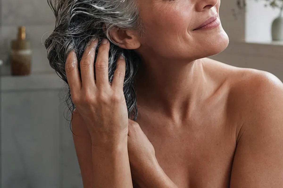Authentischer Wohlfühlmoment passend zum Beauty-Thema Silbershampoo für strapaziertes Haar
