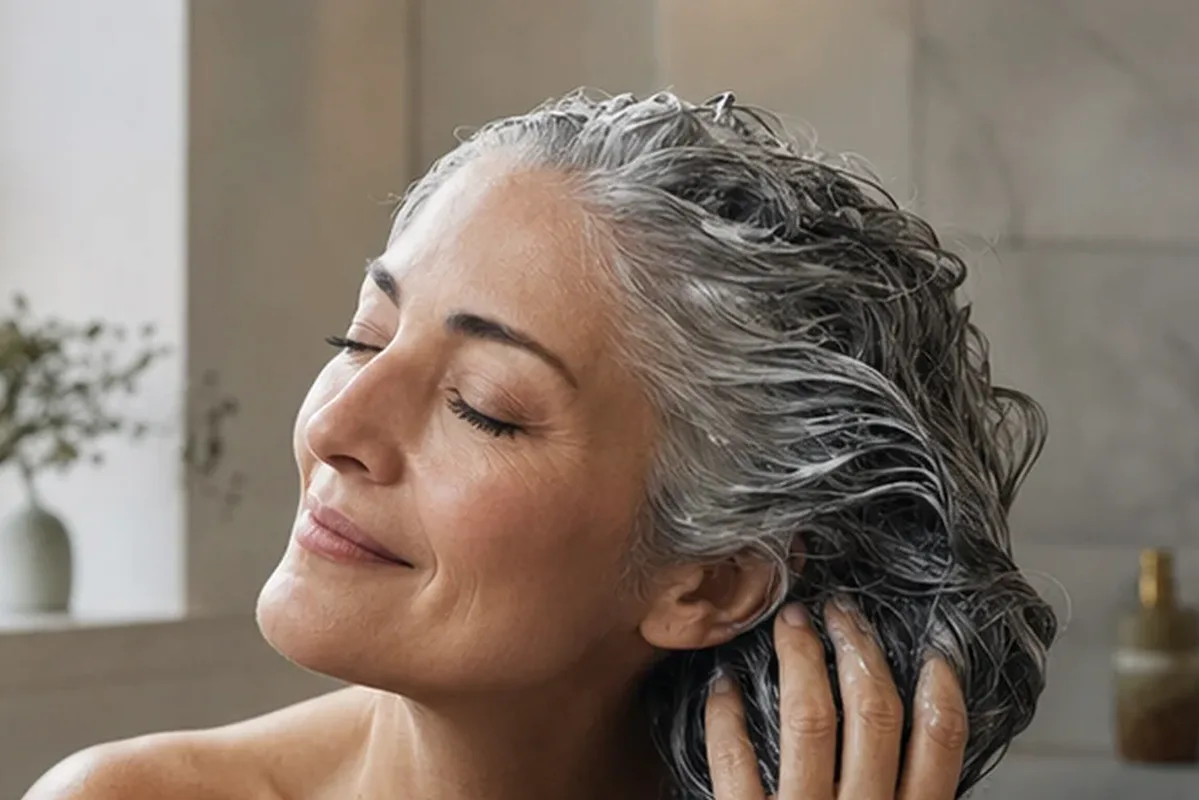 Authentischer Wohlfühlmoment passend zum Beauty-Thema Mildes Shampoo für strapaziertes Haar