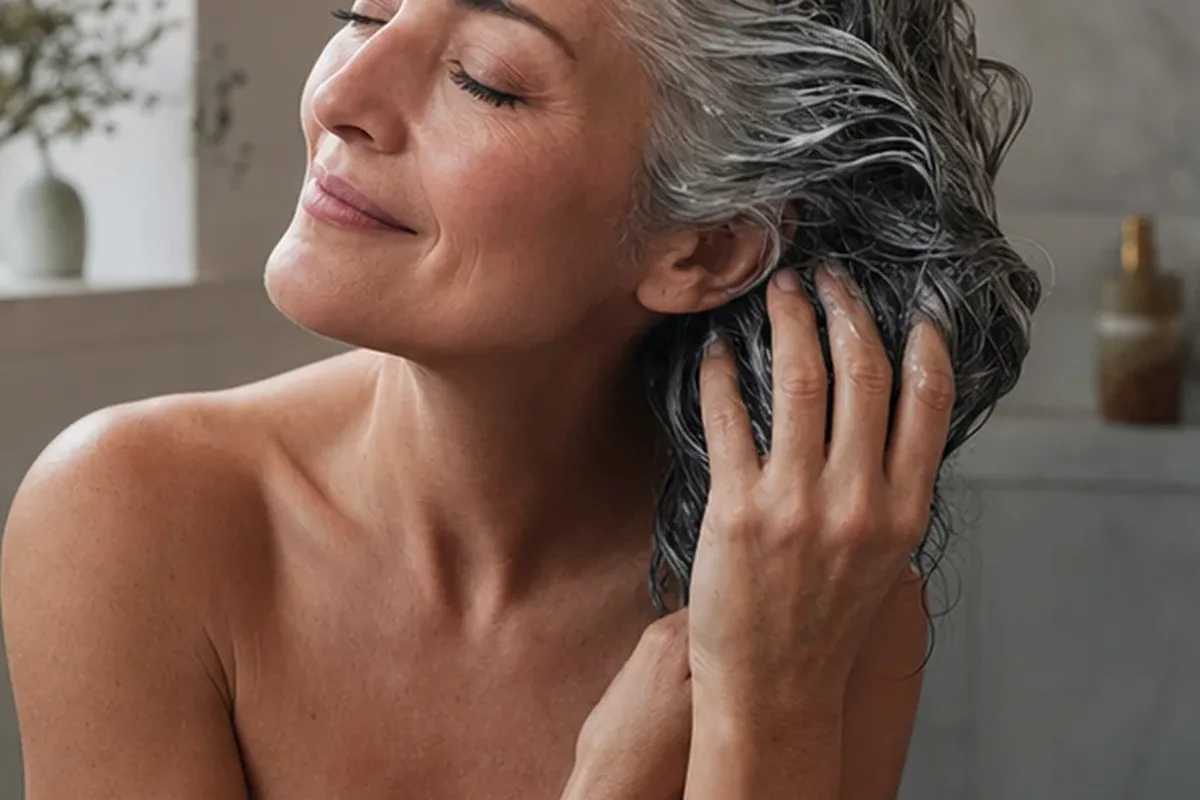Authentischer Wohlfühlmoment passend zum Beauty-Thema Tiefenreinigungsshampoo für feines Haar