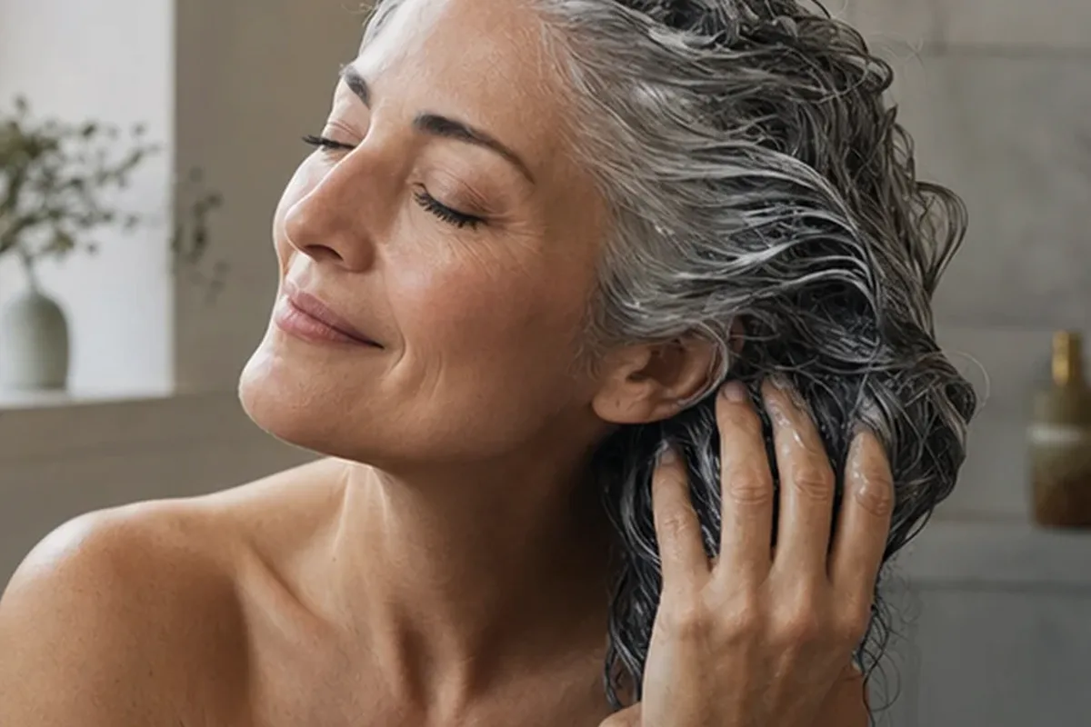Authentischer Wohlfühlmoment passend zum Beauty-Thema Mildes Shampoo für feines Haar