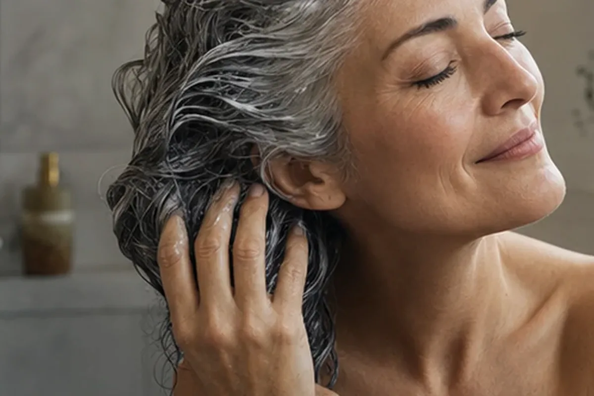 Authentischer Wohlfühlmoment passend zum Beauty-Thema Silbershampoo bei fettigem Ansatz