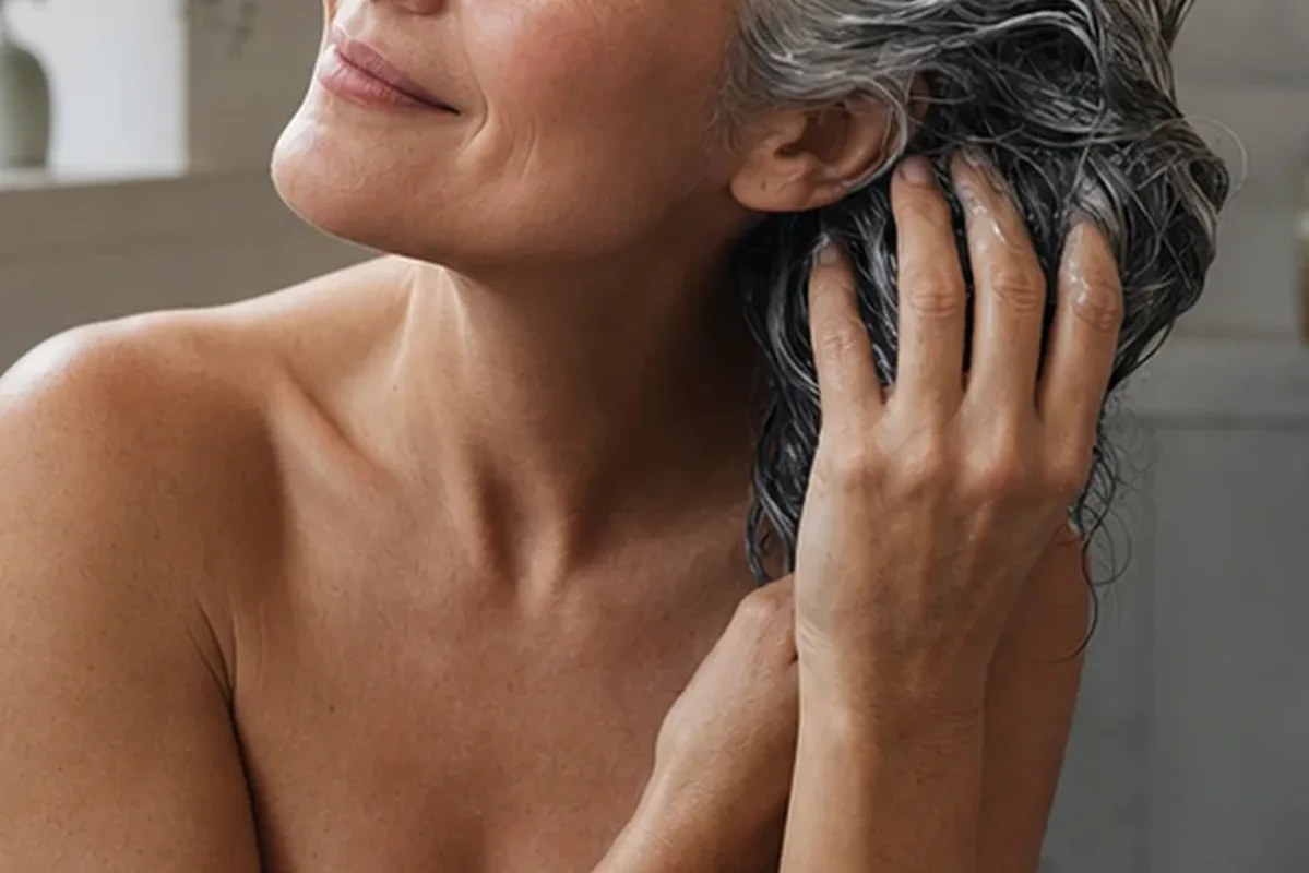 Authentischer Wohlfühlmoment passend zum Beauty-Thema Trockenshampoo für empfindliche Kopfhaut
