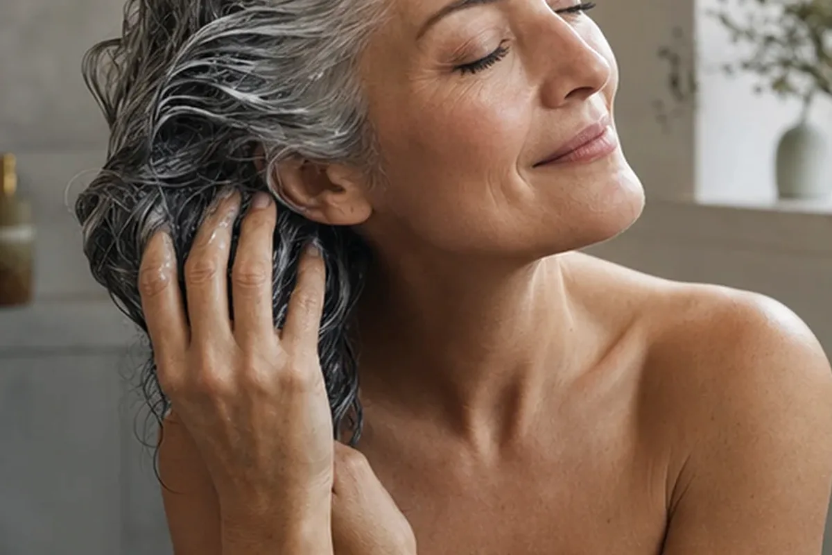 Authentischer Wohlfühlmoment passend zum Beauty-Thema Mildes Shampoo für lockiges Haar