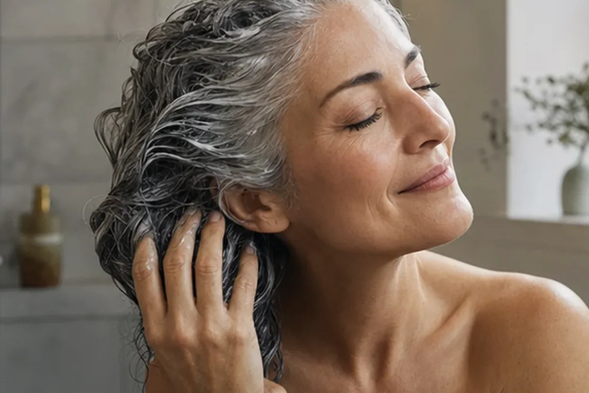 Authentischer Wohlfühlmoment passend zum Beauty-Thema Haartrockner für strapaziertes Haar
