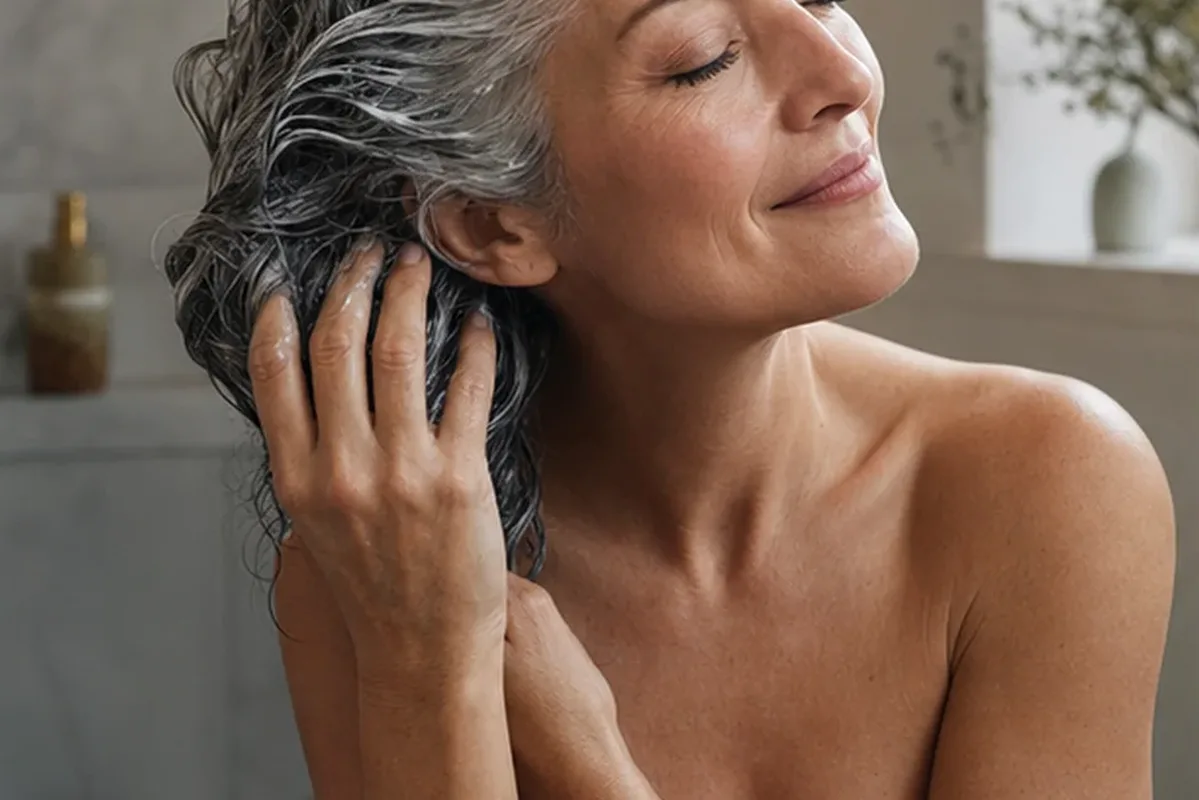 Authentischer Wohlfühlmoment passend zum Beauty-Thema Trockenshampoo für empfindliche Kopfhaut