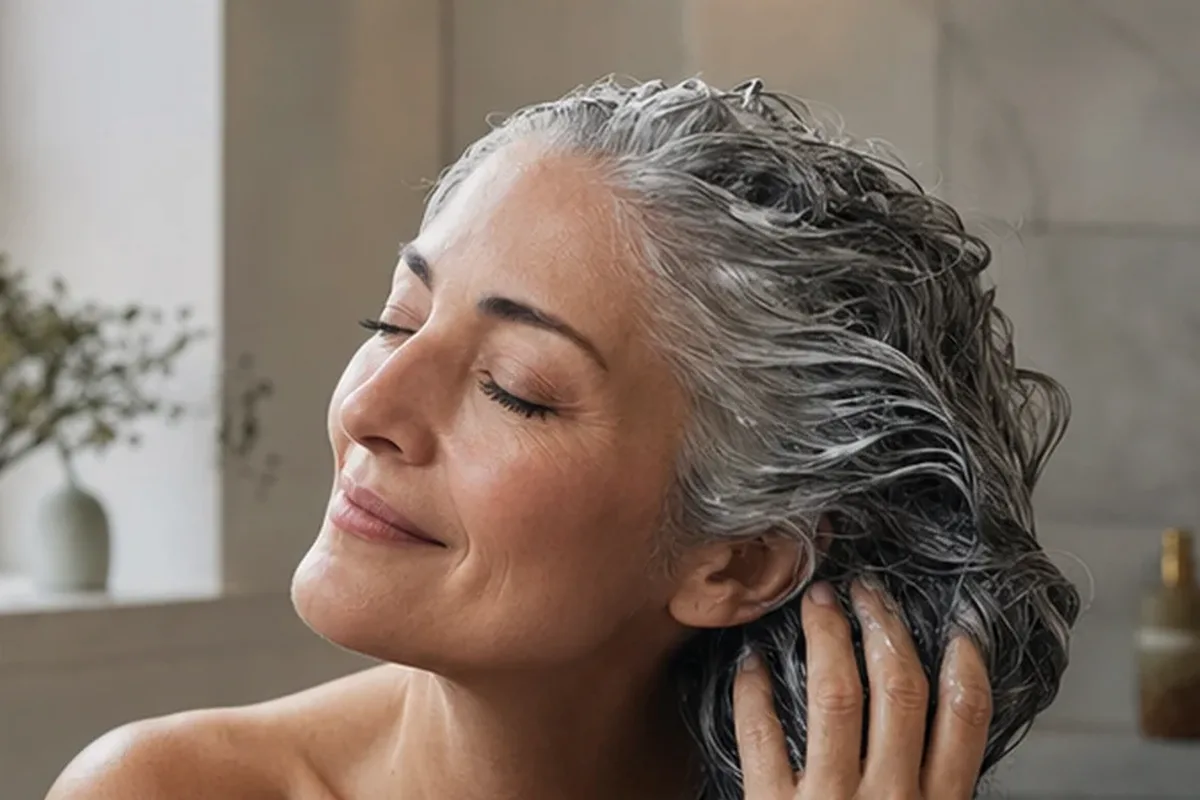 Authentischer Wohlfühlmoment passend zum Beauty-Thema Silbershampoo für trockenes Haar