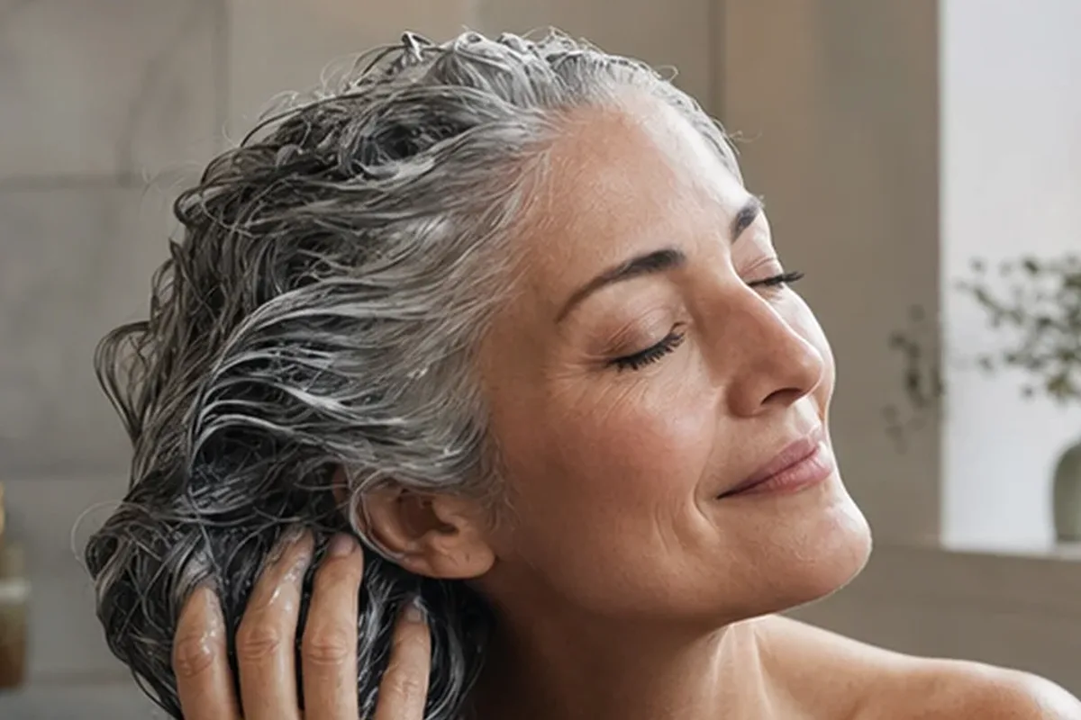 Authentischer Wohlfühlmoment passend zum Beauty-Thema Silbershampoo für trockenes Haar