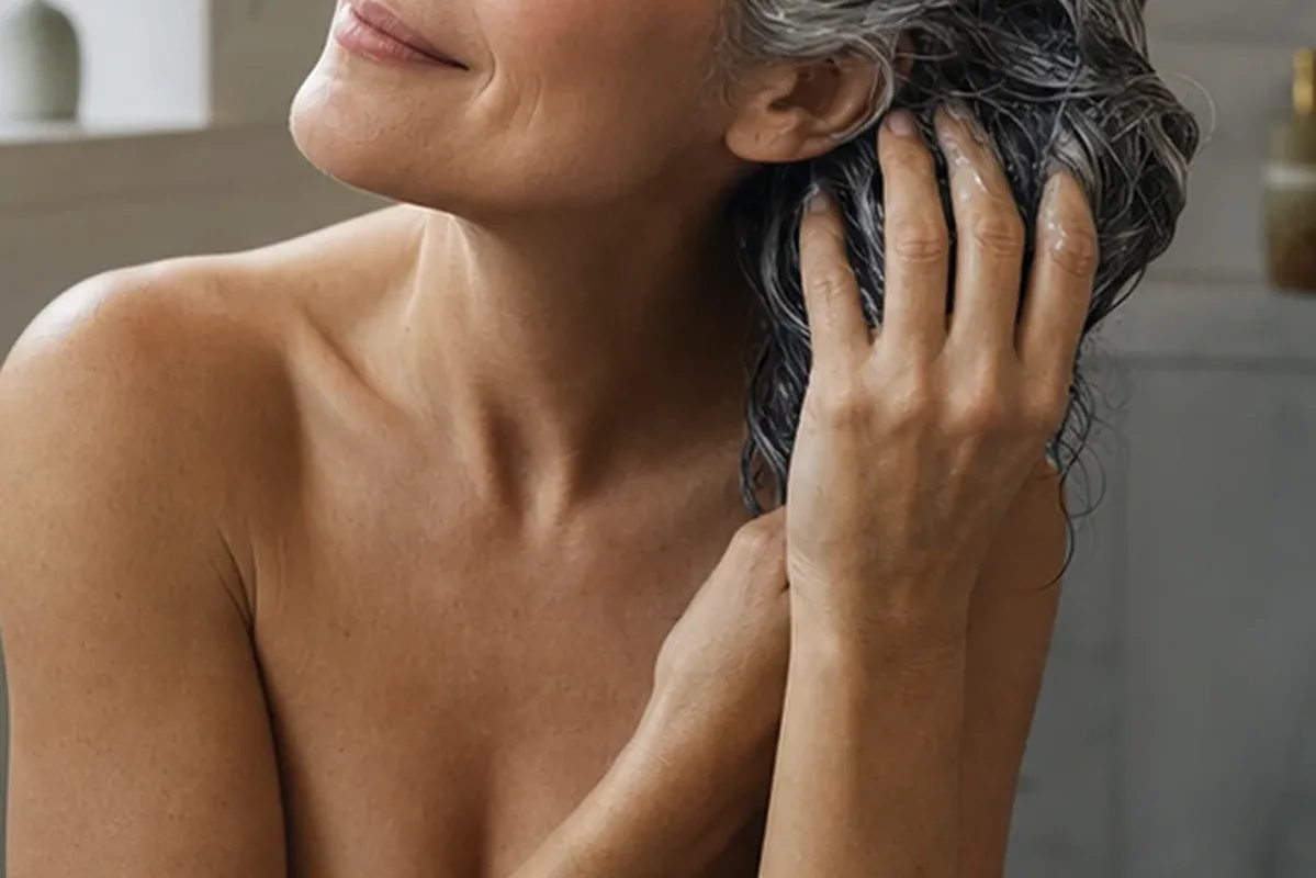 Authentischer Wohlfühlmoment passend zum Beauty-Thema Silbershampoo für trockenes Haar