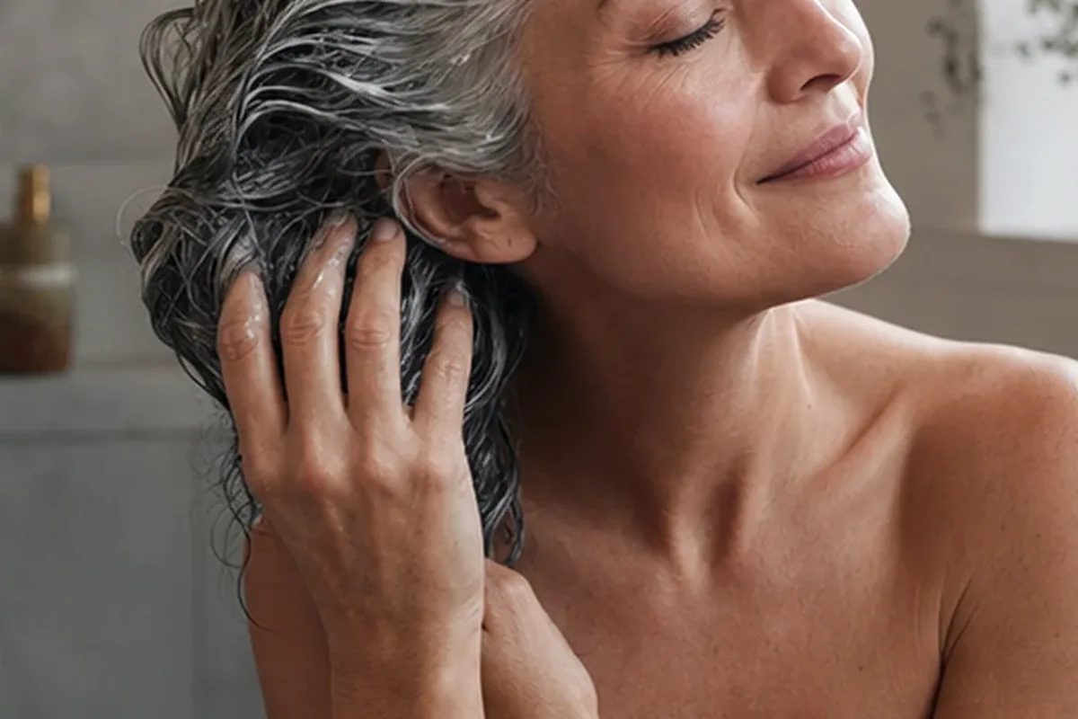 Authentischer Wohlfühlmoment passend zum Beauty-Thema Tiefenreinigungsshampoo für strapaziertes Haar