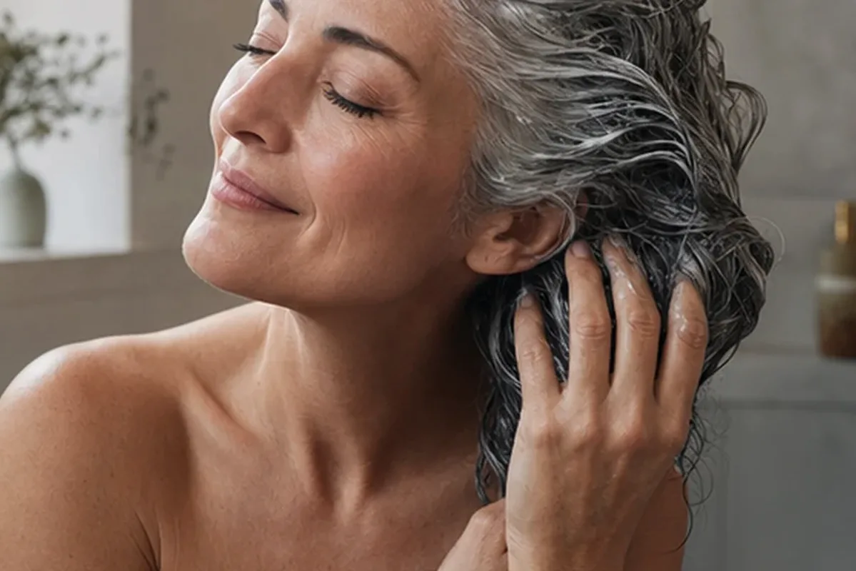 Authentischer Wohlfühlmoment passend zum Beauty-Thema Leave-in-Pflege für feines Haar