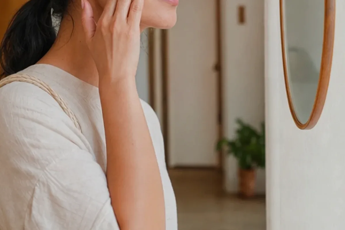 Authentischer Wohlfühlmoment passend zum Beauty-Thema Niacinamid-Serum bei ersten Fältchen