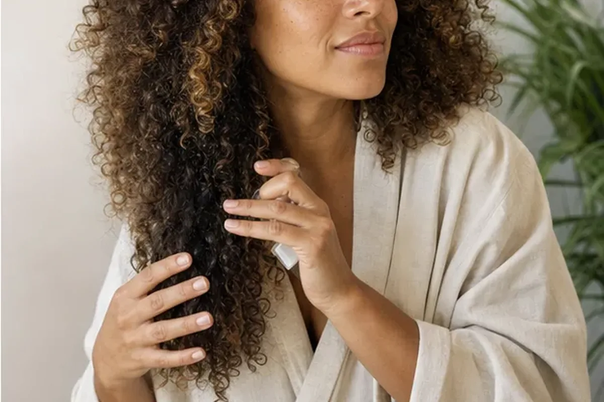 Emotionaler und authentischer Anwendungsmoment rund um Anti-Frizz-Pflege für trockenes Haar