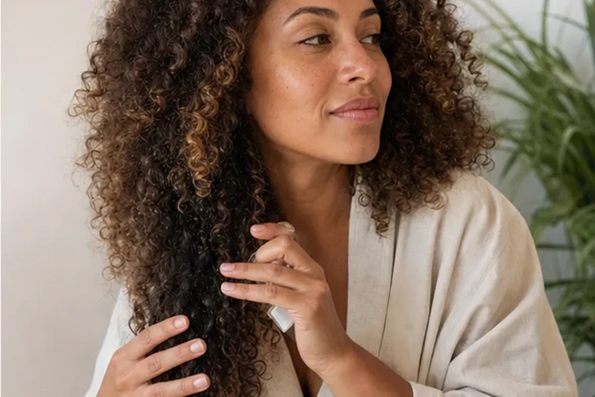 Authentischer Wohlfühlmoment passend zum Beauty-Thema Kopfhautserum für lockiges Haar