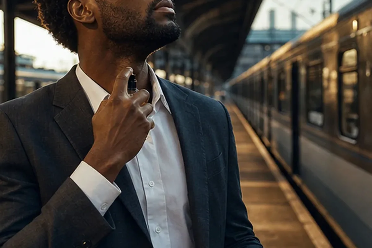 Emotionaler und authentischer Anwendungsmoment rund um Eau de Toilette bei kaltem Wetter