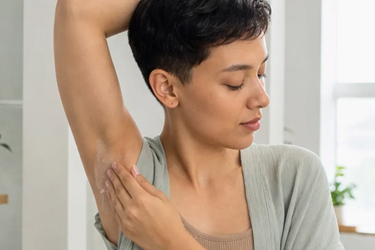 Emotionaler und authentischer Anwendungsmoment rund um Peeling vor der Rasur für die Bikinizone