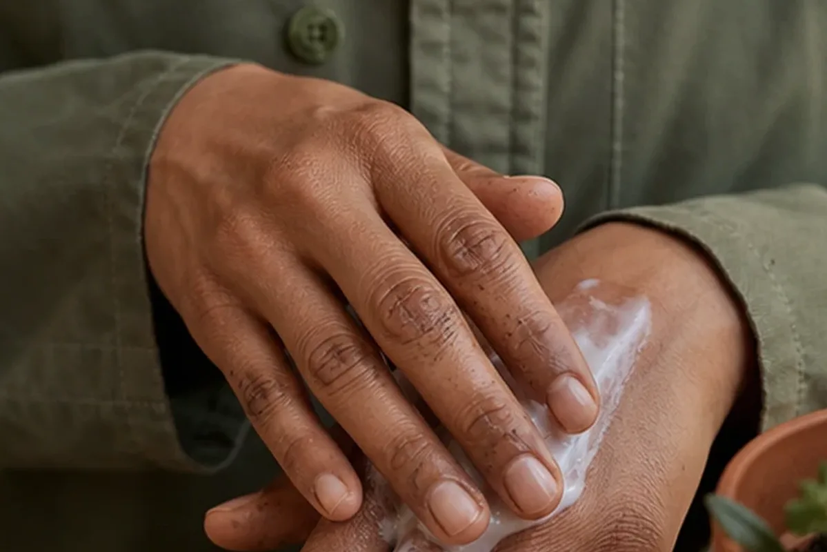 Emotionaler und authentischer Anwendungsmoment rund um Handcreme für beanspruchte Hände