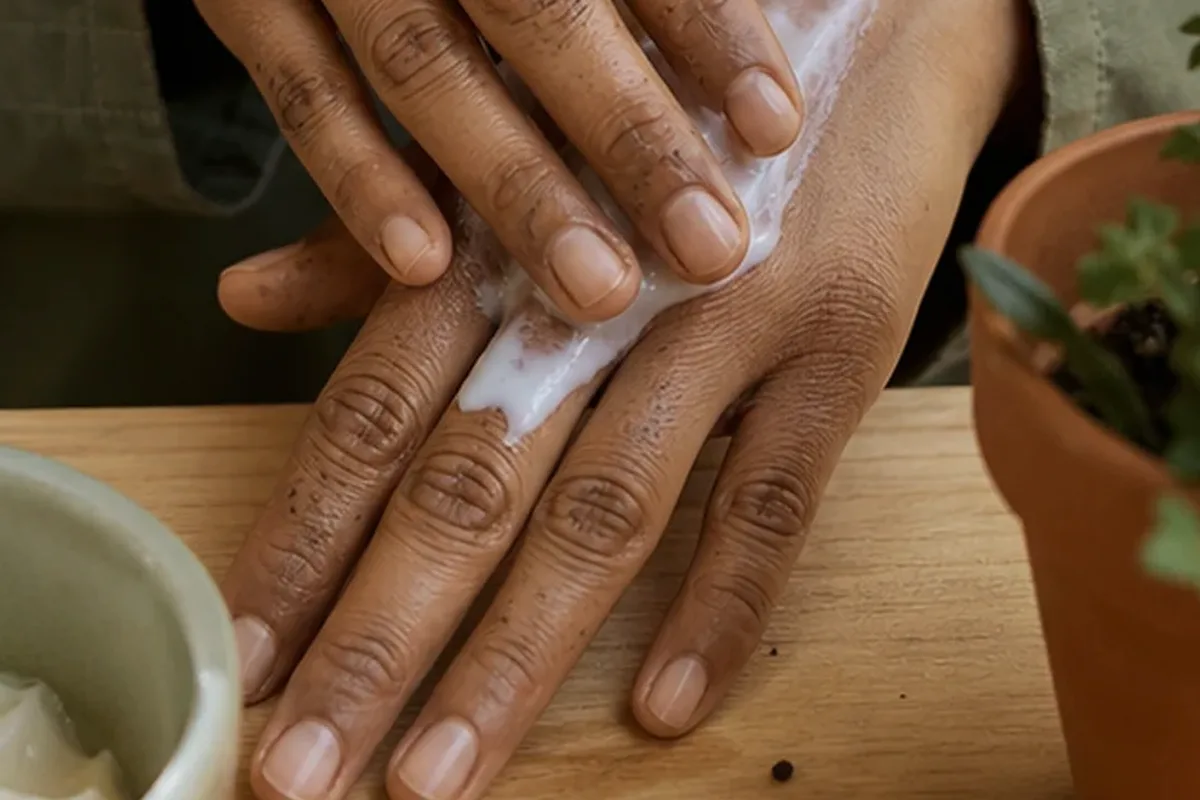 Authentischer Wohlfühlmoment passend zum Beauty-Thema Körperlotion für trockene Haut