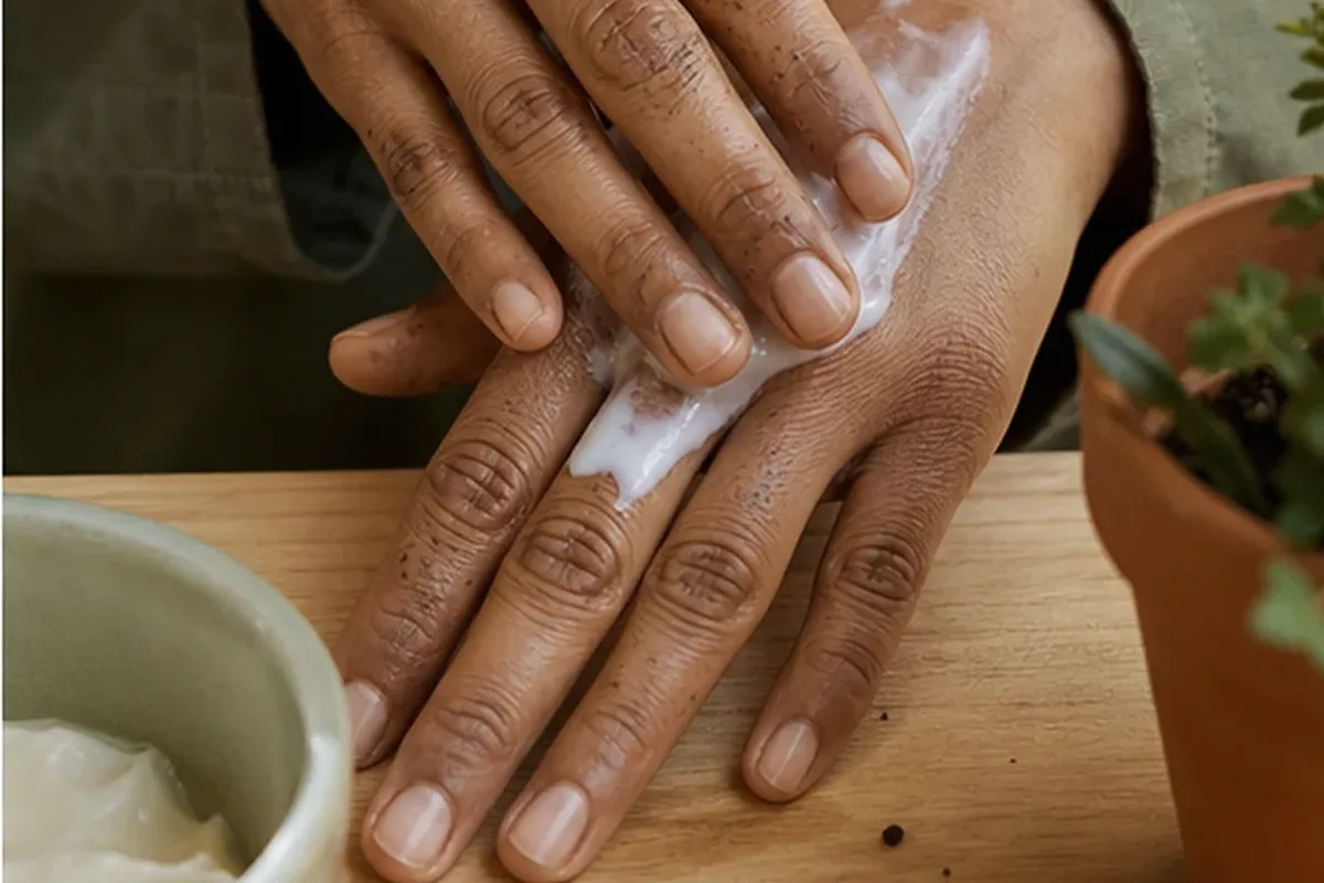 Authentischer Wohlfühlmoment passend zum Beauty-Thema Handcreme bei brüchigen Nägeln