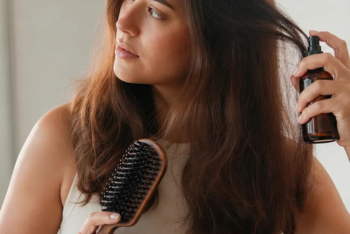 Authentischer Wohlfühlmoment passend zum Beauty-Thema Hitzeschutz für trockenes Haar