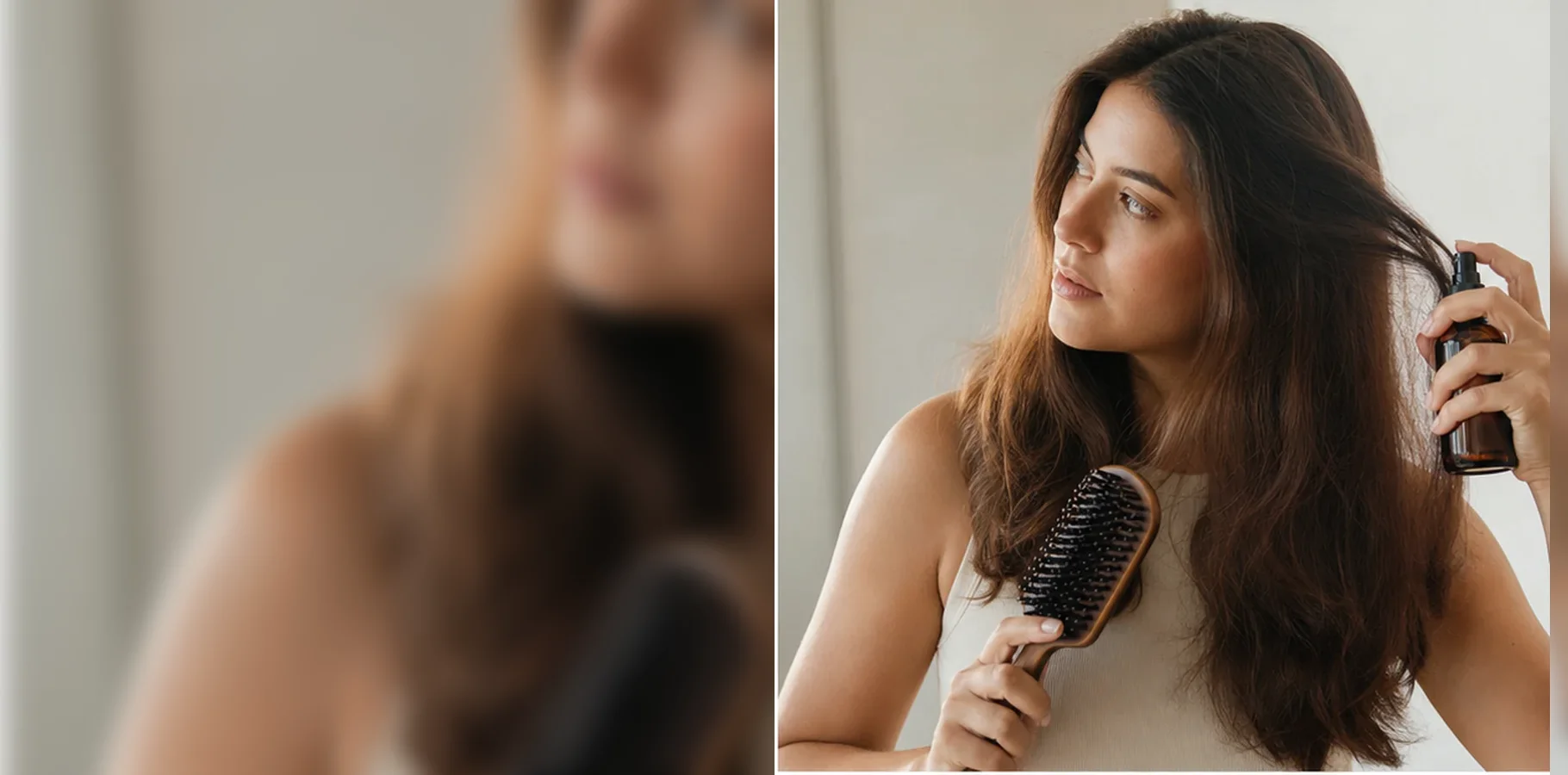 Haare richtig pflegen – Haarpflege: Frau pflegt ihr gesund glänzendes Haar mit einem Haaröl