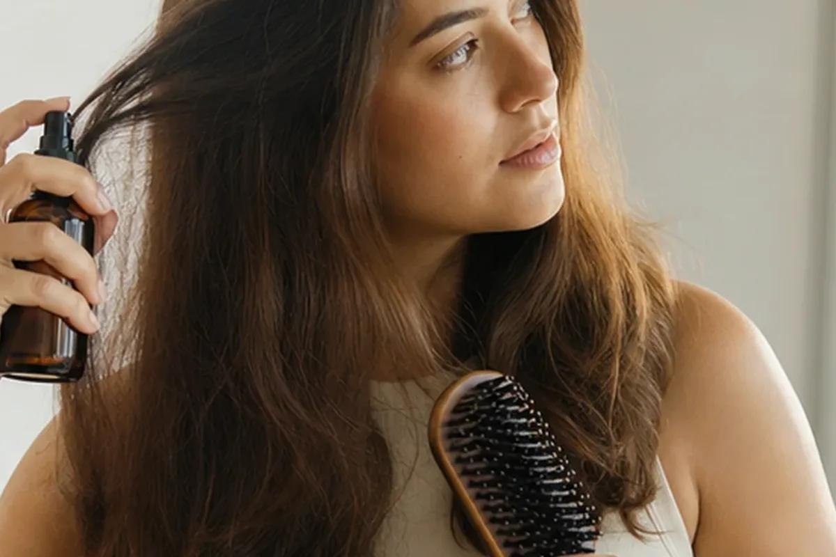 Authentischer Wohlfühlmoment passend zum Beauty-Thema Volumenspray für strapaziertes Haar