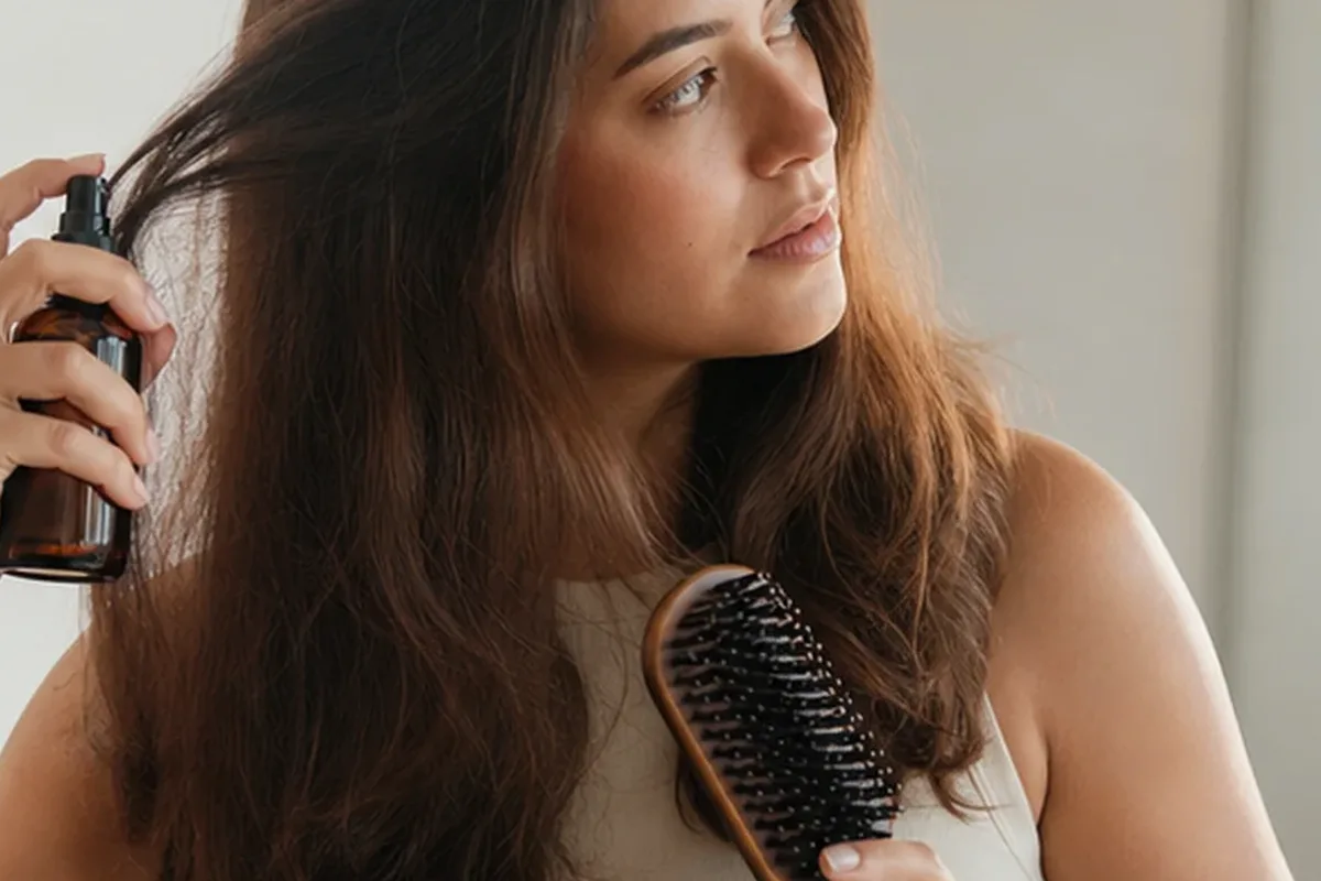 Authentischer Wohlfühlmoment passend zum Beauty-Thema Anti-Frizz-Pflege für feines Haar