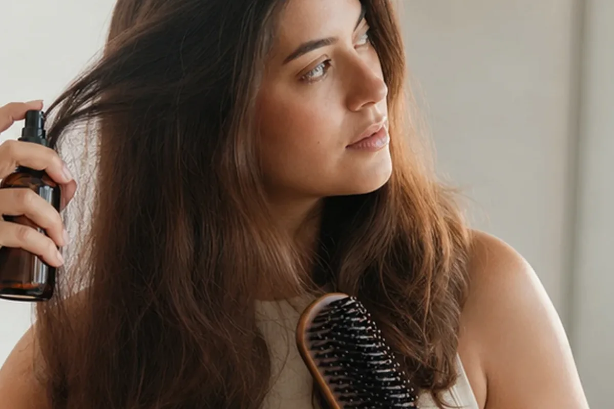 Redaktionelle Detailaufnahme zur Orientierung bei Anti-Frizz-Pflege bei Haarbruch