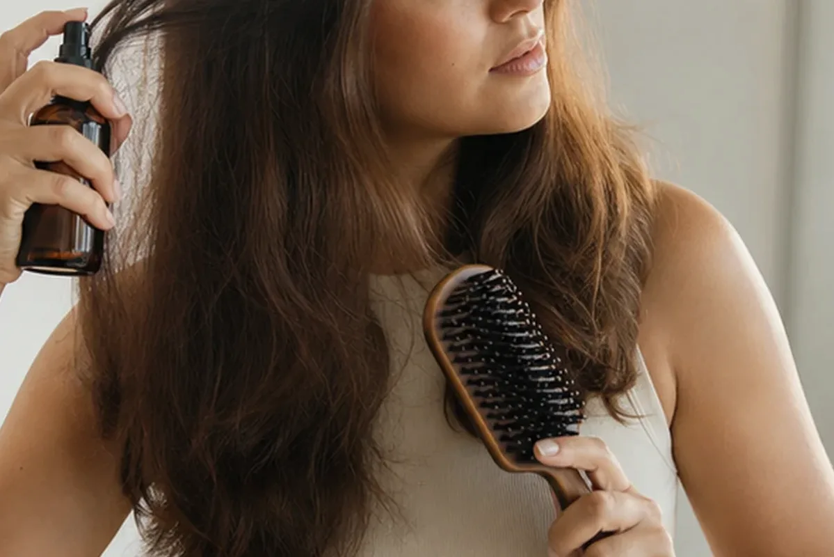 Authentische Beauty-Routine passend zum Thema Volumenspray für strapaziertes Haar
