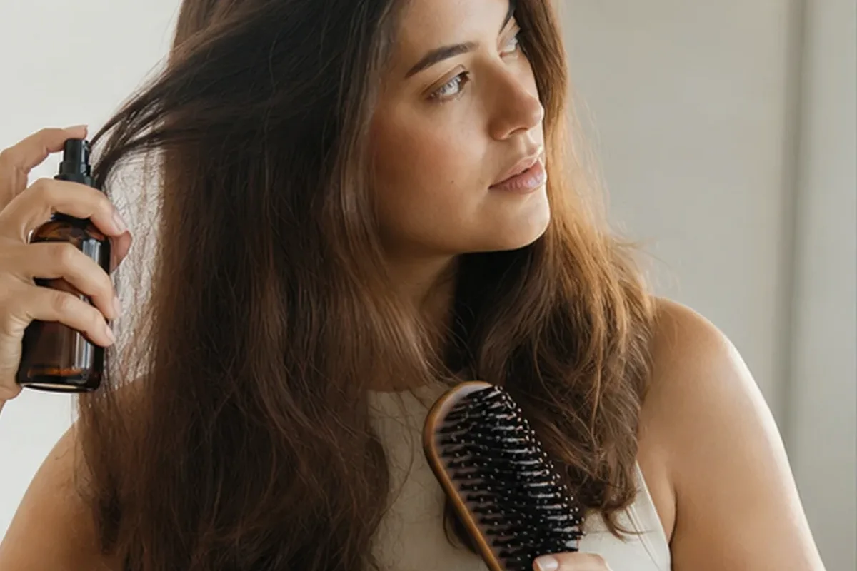 Authentischer Wohlfühlmoment passend zum Beauty-Thema Anti-Frizz-Pflege für feines Haar
