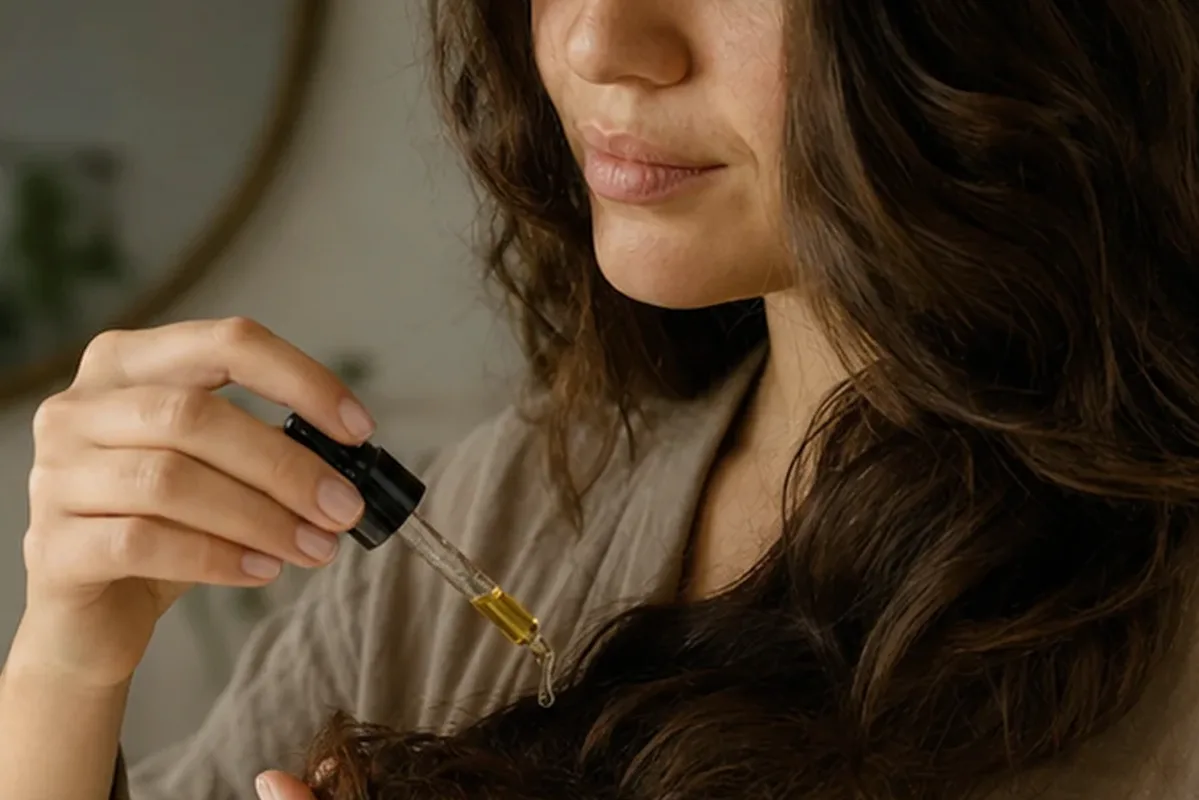 Authentischer Wohlfühlmoment passend zum Beauty-Thema Anti-Frizz-Pflege bei Haarbruch
