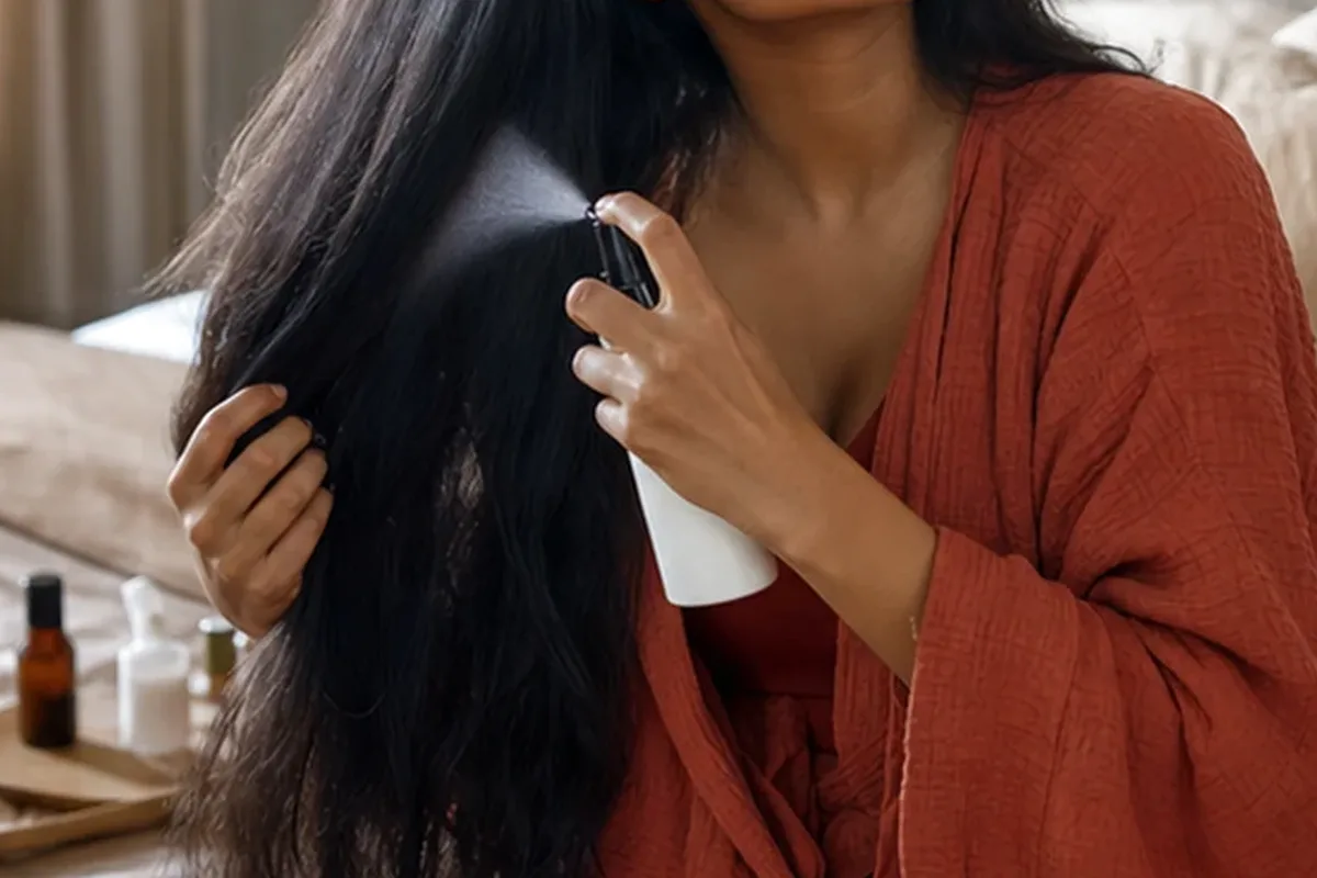 Authentischer Wohlfühlmoment passend zum Beauty-Thema Volumenspray bei Frizz
