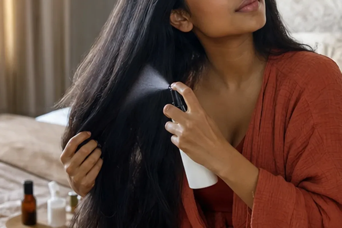 Authentischer Wohlfühlmoment passend zum Beauty-Thema Anti-Frizz-Pflege für trockenes Haar