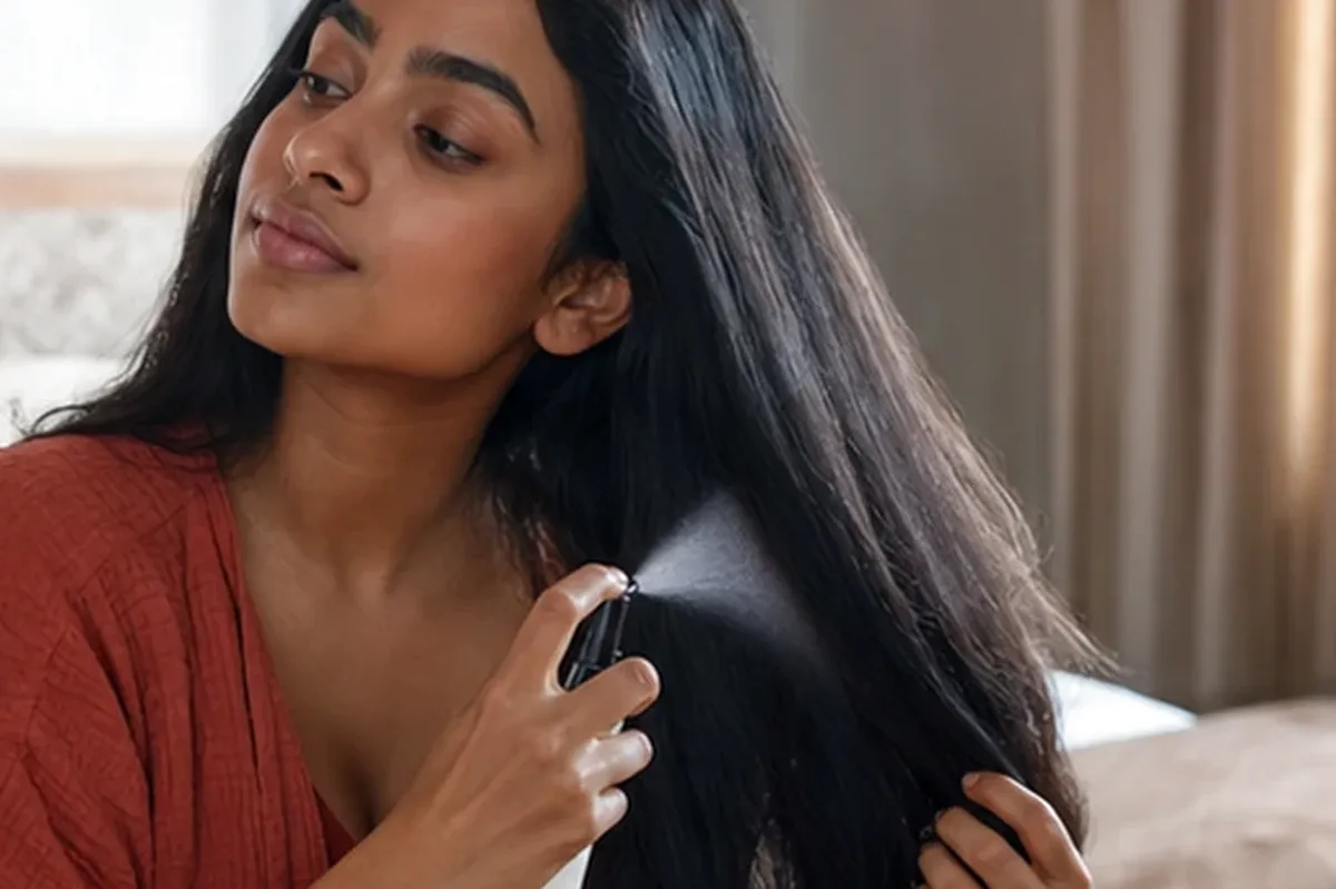 Authentischer Wohlfühlmoment passend zum Beauty-Thema Anti-Frizz-Pflege für empfindliche Kopfhaut